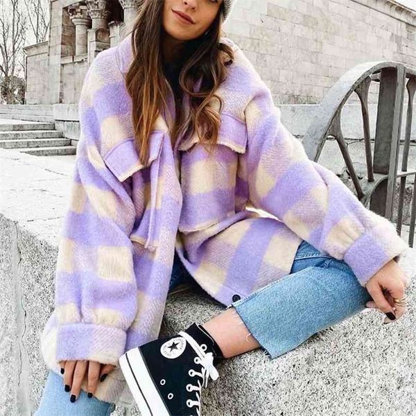 

fashion women purple plaid woolen shirts elegant ladies oversize long shirt vintage female stylish thick blouses girls chic 210914, Black;brown