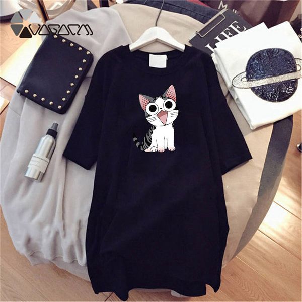 

propcm woman t-shirt dress loose summer sweet cartoon cats print short sleeve o neck party harajuku casual tee vestidos robe femme, Black;gray
