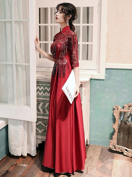 

chinese style elegant vintage burgundy toast clothing long tassel exquisite sequins bling party gowns ethnic, Red