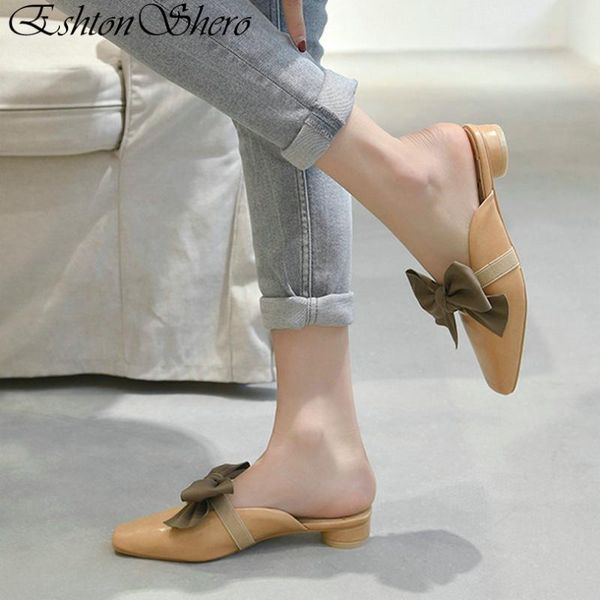 

slippers eshtonshero woman low heels leather slip onsquare toe butterfly-knot slingback ladies party wedding shoes size 3-9, Black