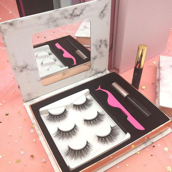 

false eyelashes 3 pairs magnetic large set box fiber material natural thick with eyeliner wholesale