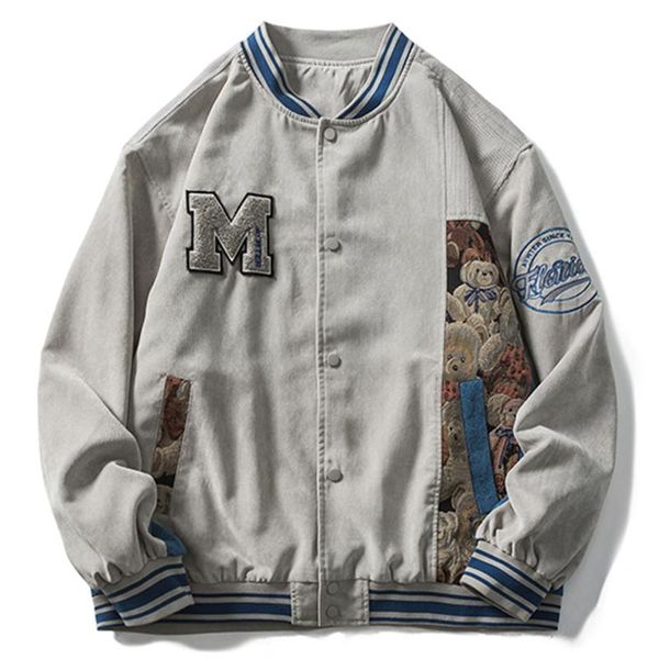 

men's jackets harajuku hip hop bomber jacket streetwear embroidery letter bear patchwork coat 2021 autumn men cotton, Black;brown