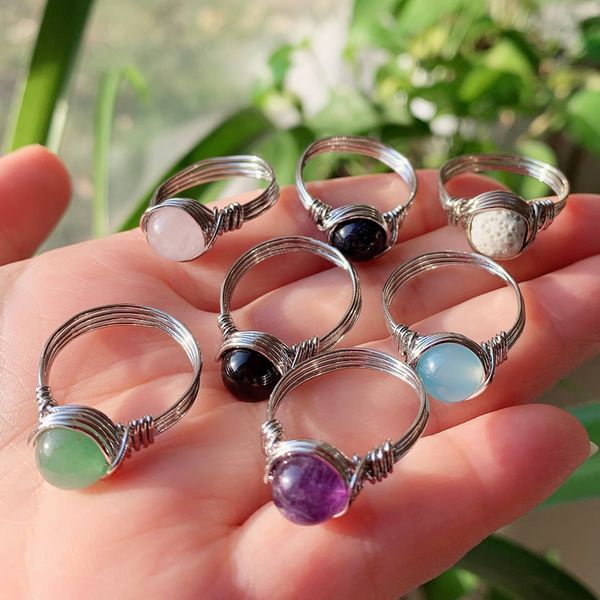 

natural stone wire wrapped crystal ring healing purple amethysts agates pink quartz fashion women rings party wedding jewelry, Golden;silver