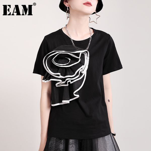 

[eam] women casual three-dimensional decoration flower t-shirt round neck short sleeve fit fashion summer 1dd7224 21512, White