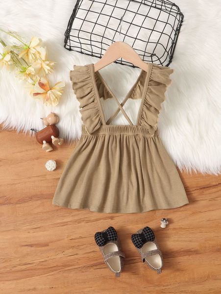 

baby ruffle armhole crisscross backless overall dress she, Red;yellow