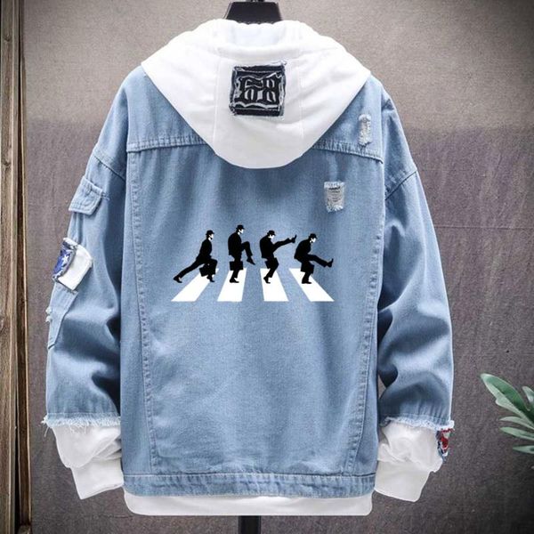 

men's jackets funny monty python the ministry of silly walks with print denim jacket men hip hop harajuku jean plus size homme coat, Black;brown