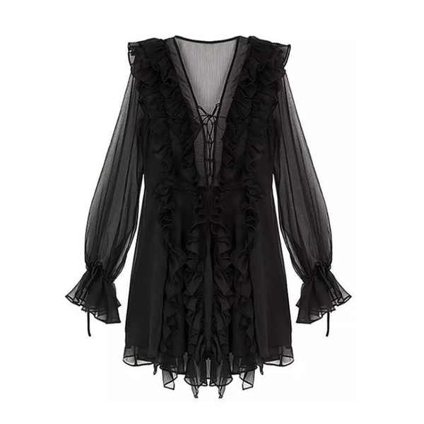 

casual dresses vsue v neck black white beige ruffle long puff sleeve lace up chiffon mini dress loose elegant vocation beach d0968, Black;gray