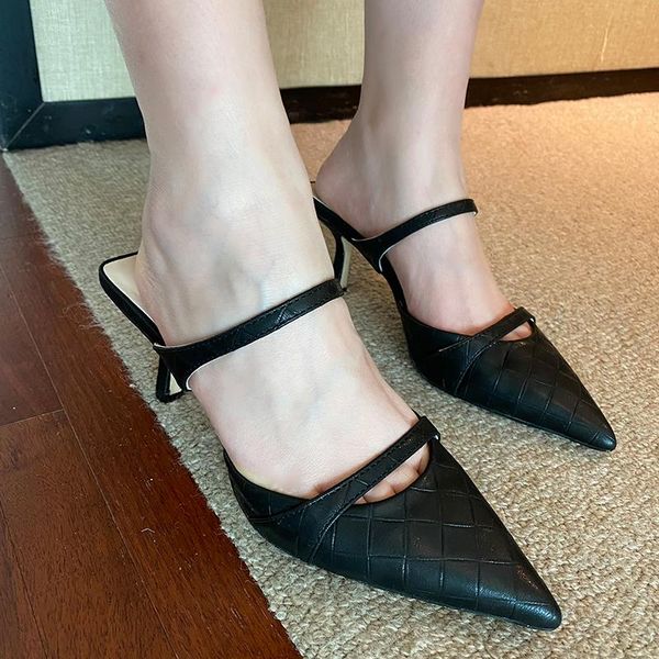 

women sandals slippers pointed toe weave design shallow slip on mules shoes thin heels blue summer, Black