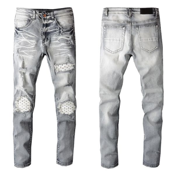 

fashion desiger long slim ripped hole jeans with letter washed gray demin pants streetwear jeans, Blue