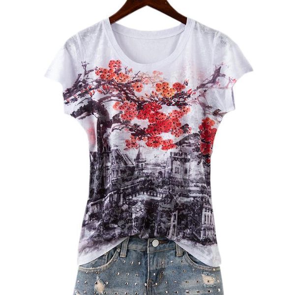 

fashion vintage double print summer womens t shirts plus size drilling arrivals 4colors, White