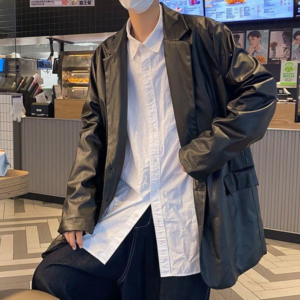

men's suits & blazers hybskr harajuku oversized pu leather men casual suit spring autumn fashion male jacket loose streetwear 2021 clot, White;black