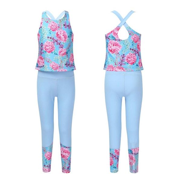 

running sets kids girls child ballet dancewear workout gymnastics outfits sport tank with pants leggings set summer dance class, Black;blue