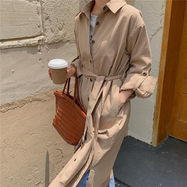 

women's trench coats vintage minimalist lapel khaki long coat women elegant ol 2021 autumn solid casual thin windbreaker vetidos, Tan;black