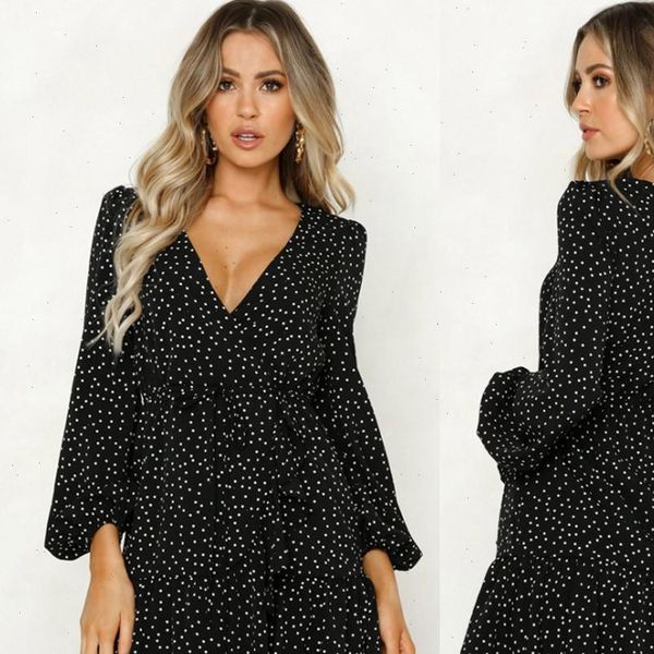 

fashion v neck lantern sleeve women dress girls polka dot print open fork mini vestidos de festa 35, Black;gray
