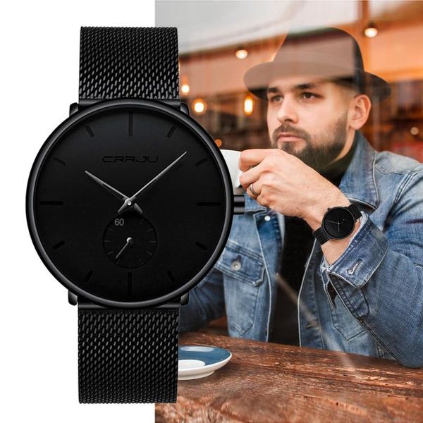 

wristwatches crrju simple style designed watch for men slim casual quartz business wrist watches with stainless steel mesh male, Slivery;brown