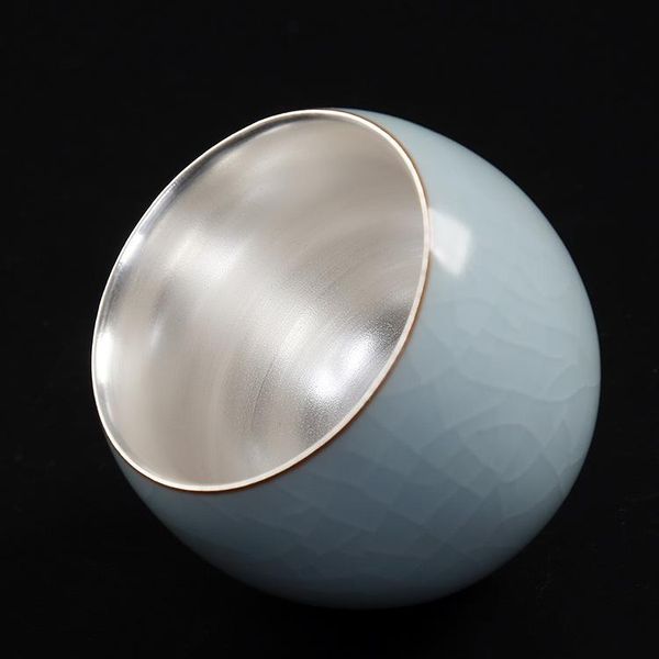 

cups & saucers sterling 999 silver gilt ceramic tea cup crack glaze egg shape teacup 100ml