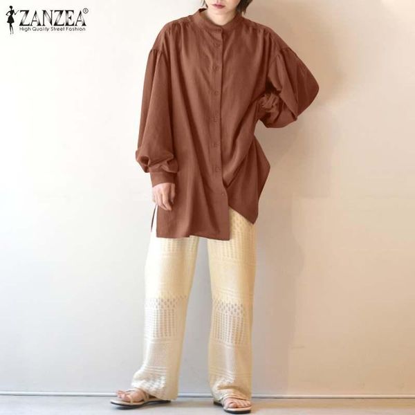 

fashion women autumn shirts zanzea irregular cotton blouses lady casual puff sleeves tunic loose solid lapel oversized 5xl women's &, White