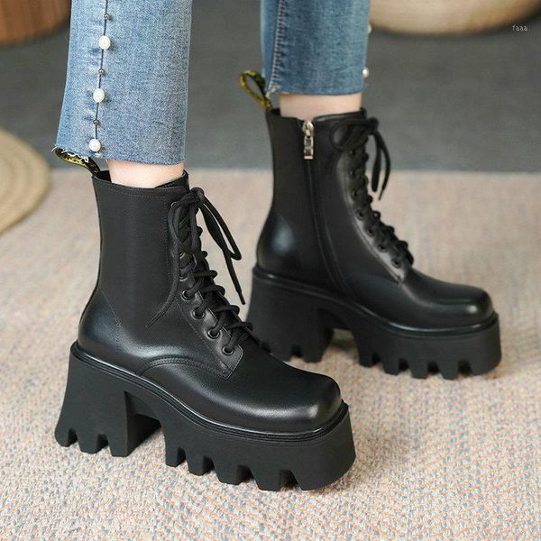 

boots black fashion platform leather women spring autumn thick high heel ankle square toe lacing zipper