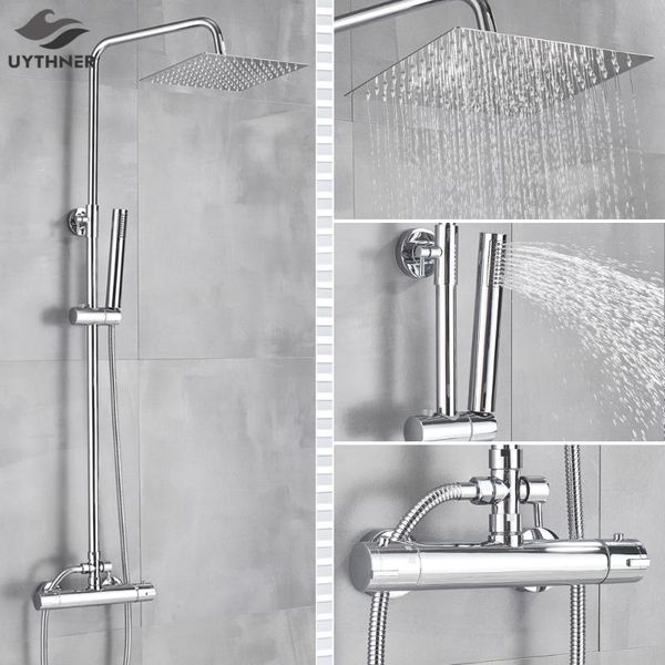 

luxury bathroom thermostatic shower faucet 8-inch rainfall head with hand wall mounted mixer valve sets