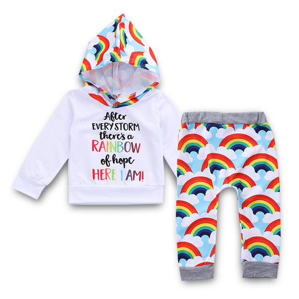 Bebé meninas meninos roupas conjuntos primavera outono moda criança roupa branca nuvem arco-íris impresso alfabeto luva longa pulôver hoodie set kids roupas