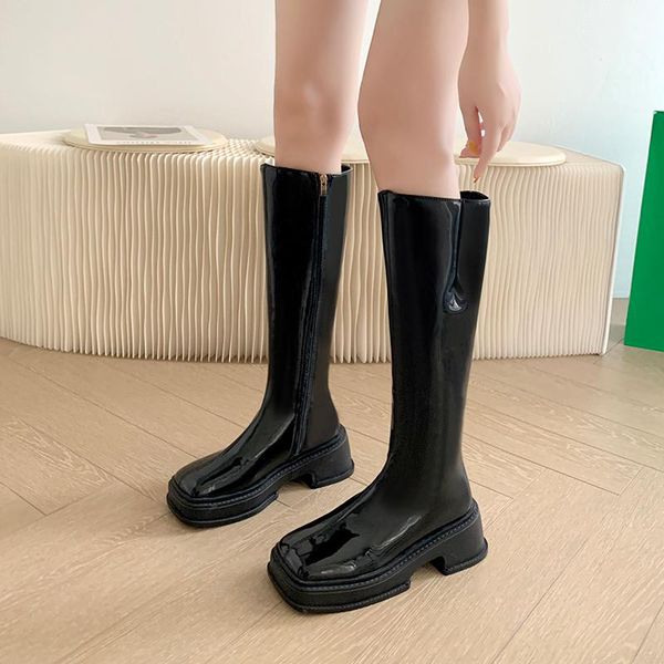 

boots round toe platform women knee slip on casual chunky heel long zapatillas mujer, Black