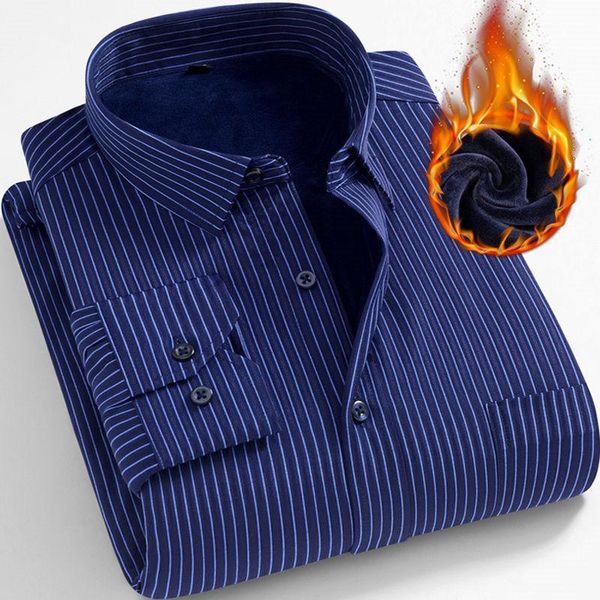 

men's dress shirts winter mens business casual long sleeved shirt warm velvet thickenin classic striped male office oversized, White;black