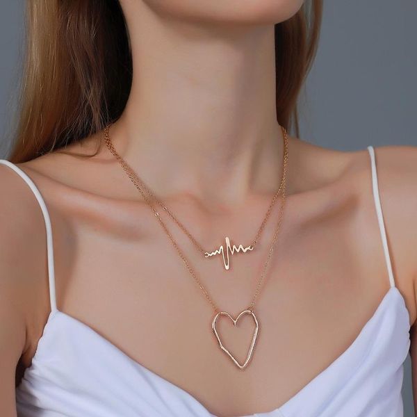 

multi layered hollow love heart heartbeat necklace for women sweet gold color metal chain pendant chokers necklaces gift, Silver