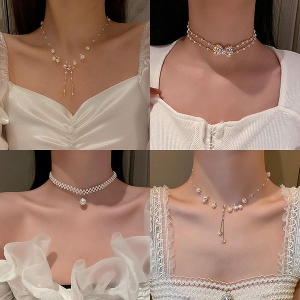 

chokers pearl inlaid diamond tassel necklace ladies fashion sweet french temperament design sense flower bow girl neck clavicle chain, Golden;silver