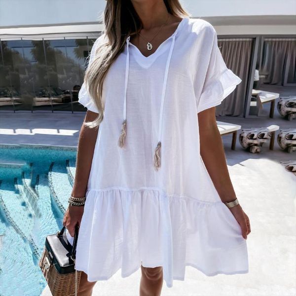 

loose casual ruffles big women dress hem mini summer short sleeve v neck lace up white black red beach dresses, Black;gray