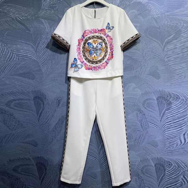 

women's two piece pants fashion runway autumn vintage pieces set short sleeve beading +printed long, White