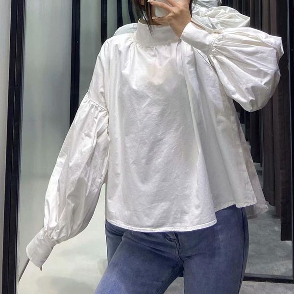 

japan style blouse spring autumn korean fashion temperament loose casual simple solid color round neck puff sleeve 2021 women's blouses, White