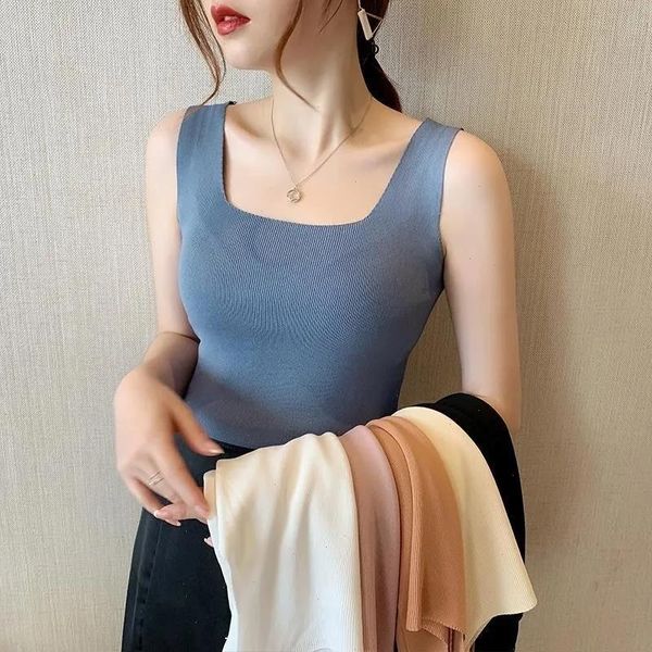

u neck knitted casual slim women summer t-shirts female sleeveless fashion korean style tights streetwear, White