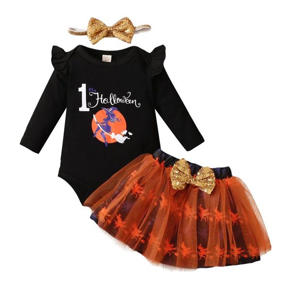 

girl's dresses 3pcs baby my first halloween outfits, long sleeve letter print romper + tulle skirt headband set, Red;yellow