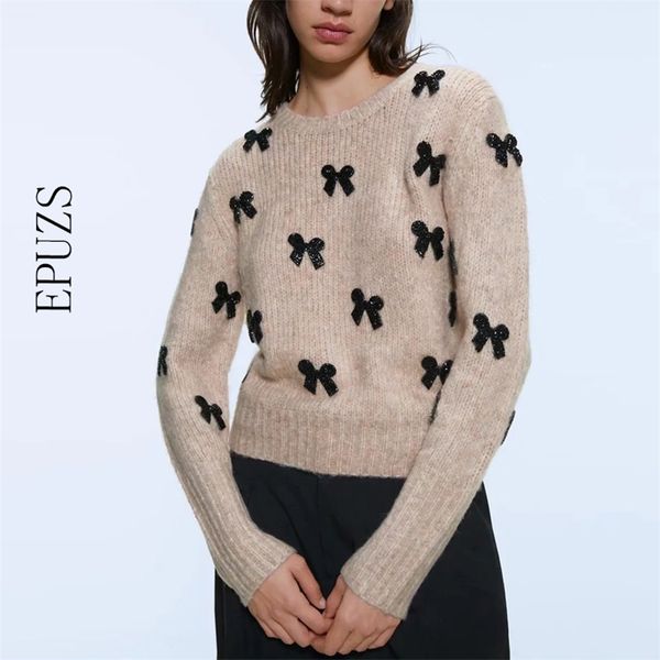 

sweet solid sweaters women fashion bow o neck knitted sweater elegant slim long sleeve winter 210521, White;black