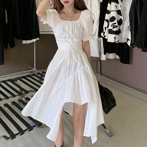 

summer women sweet lace-up irregular dress elegant vestido feminino vintage high waist slim ladies casual chic dresses 210526, Black;gray