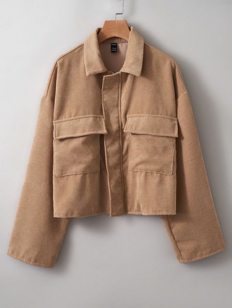 

flap pocket drop shoulder zip up corduroy jacket r8ob#, Black;brown