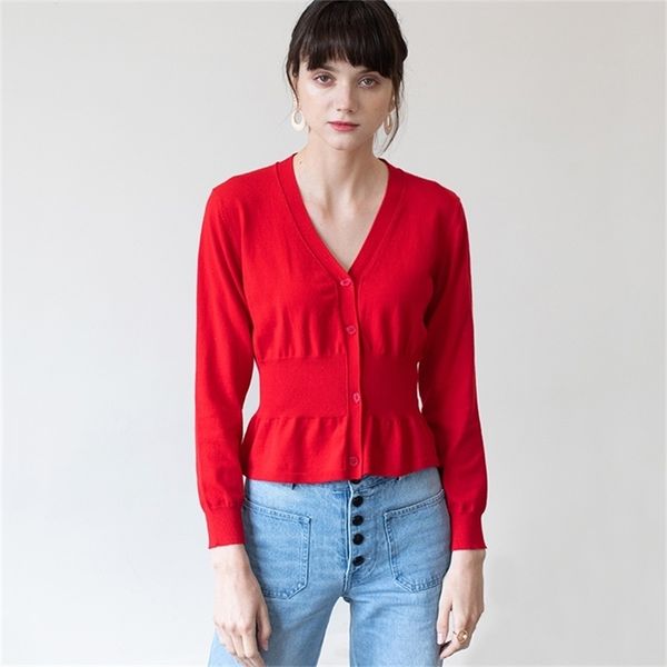 

women v-neck knit cardigans with ruffles trims crop sweaters 210512, White