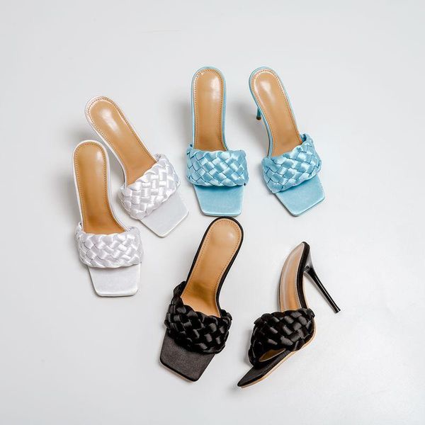 

plus size 35-42 ladies high heels slippers female sandals 2021 square toe outdoor weave woman shoes slides, Black
