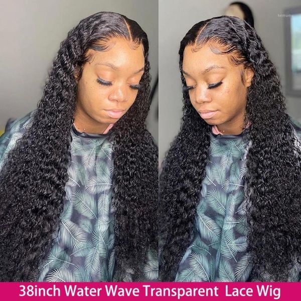 

38inch transparent lace closure wig water wave human hair front wigs bleached knots glueless 5x5 frontal1, Black;brown