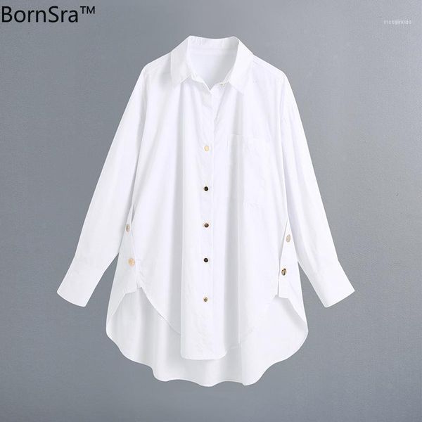 

women's blouses & shirts bornsra 2021 white blouse autumn pocket decoration long sleeve lapel golden buckle long-sleeve blouse1