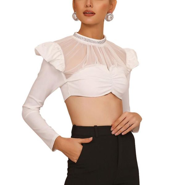 

women's t-shirt women fashion casual long sleeve bodycon summer shirt mock neck ruffle crop see through pullover clothes, White