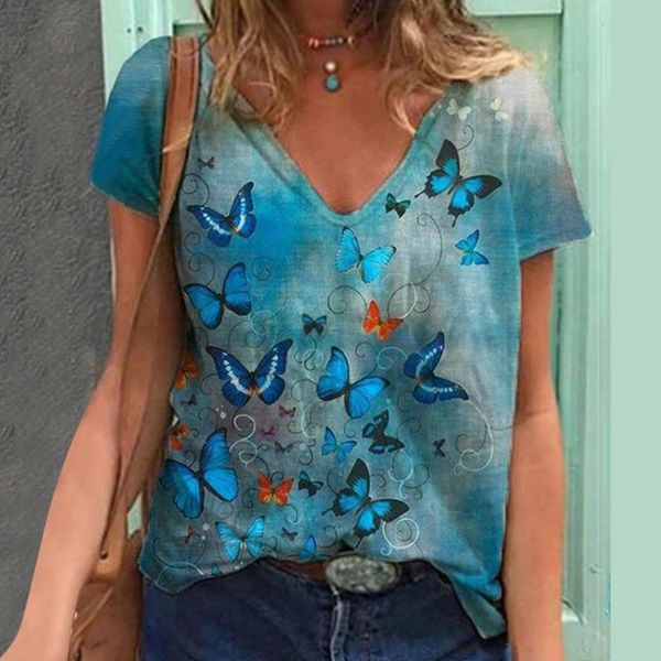 

women's summer fashion butterfly printed short sleeve graphic t shirts cotton plus size s-5xl casual loose tee mujer d6 t-shirt, White