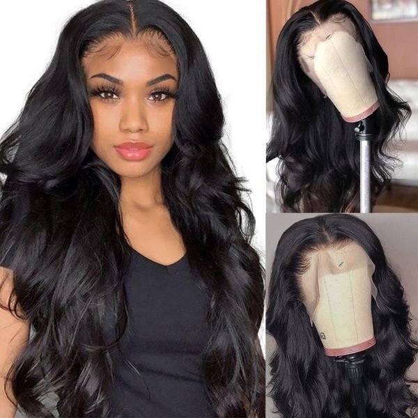 

lace wigs body wave front human hair for women brazilian transparent 180% t part frontal pre plucked closure wig, Black;brown