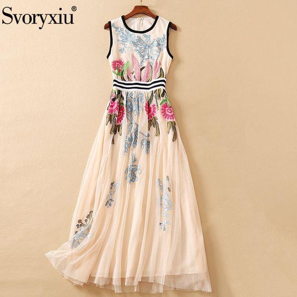 

casual dresses svoryxiu elegant mesh flower embroidery party long dress women's fashion runway summer sleeveless vestdios, Black;gray