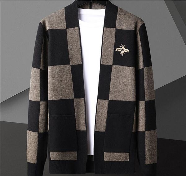

european and american men's knitted cardigan loose casual plaid sweater coat korean fashion wear spring and autumn coat, White;black