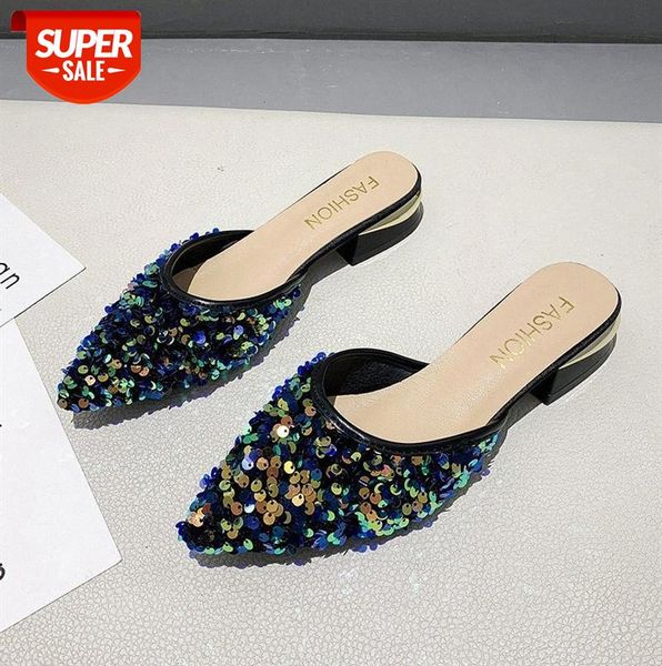 

half slippers for women's outer wear, ladies fashion all-match korean style sequined pointed toe with low heels #lw1h, Black