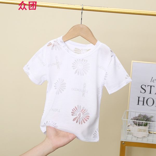 

changyin summer hollow short sleeve t-shirt children's new girls' korean fashion net red bottom coat chao-50 daisy white (hollow), Blue