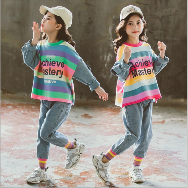 

childrens clothing sets for girls spring autumn stripe sweater denim pants suit fashion two piece teenage girls clothes sets, White