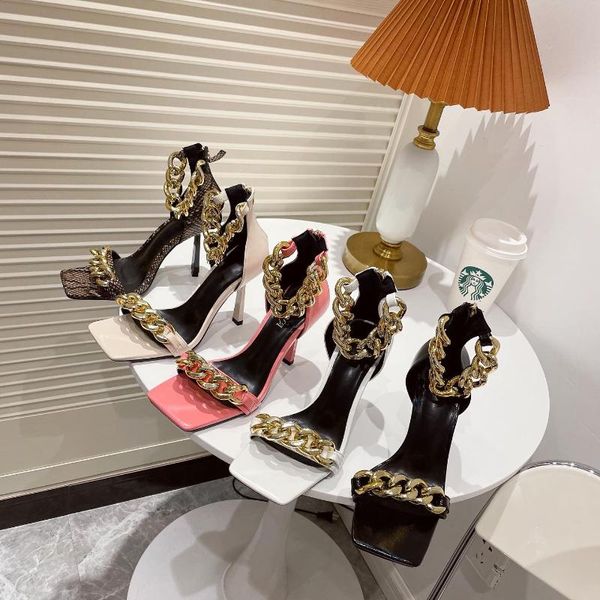 

sandals black square toe women unique thin high heels back zip open toes metal chains decor runway sandalias big plus szie 42