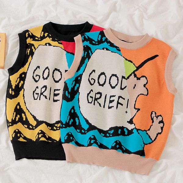 

women's vests cartoons knitted vest sweater autumn and winter korean loose wild sleeveless ulzzang clothing for women, Black;white